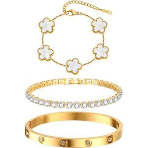 Women’s 18K Gold Plated Floral Stackable Bracelets Set, Elegant & Durable, Perfe